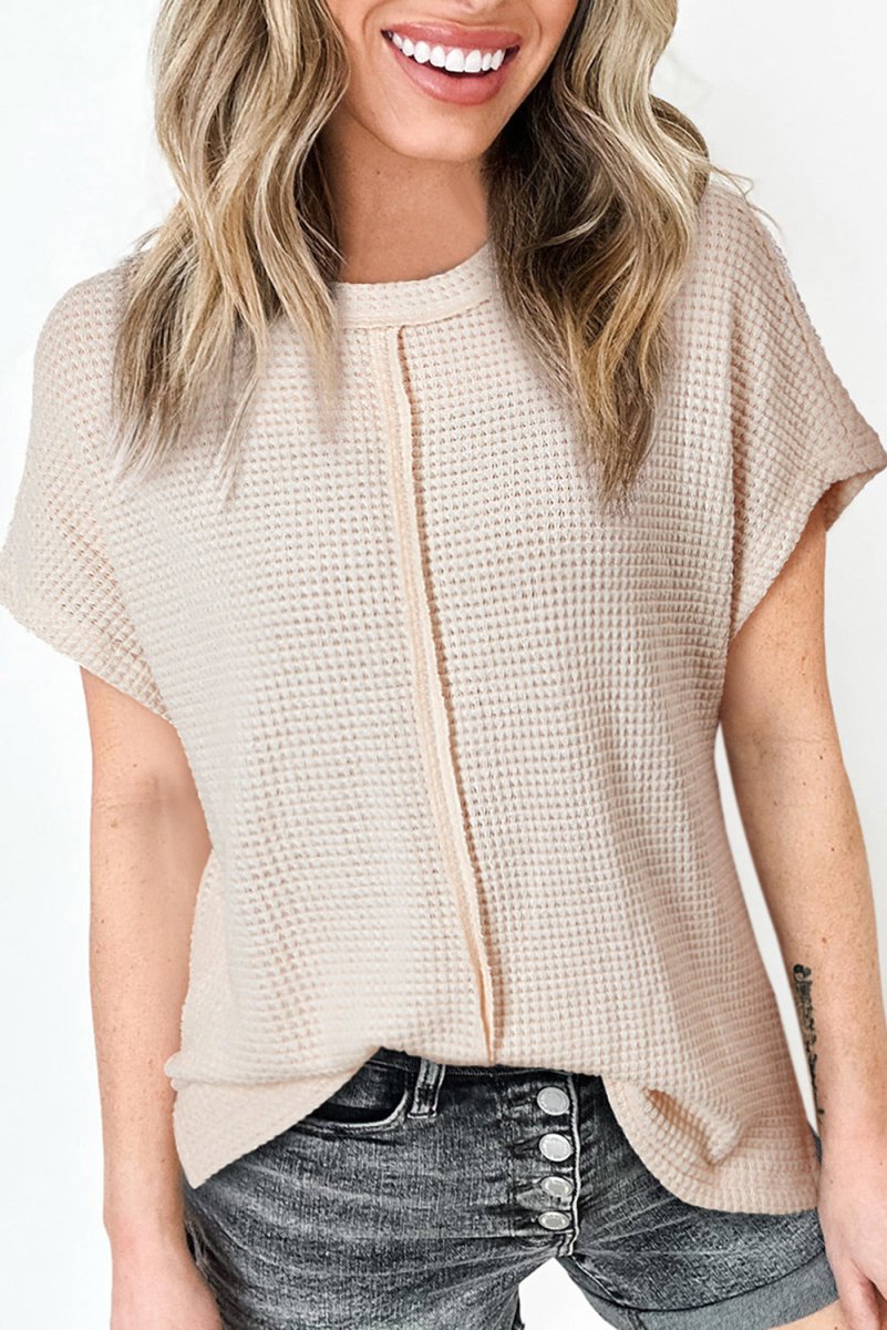 Pale Khaki Solid Color Textured Seamed Short Sleeve Top - Love Salve